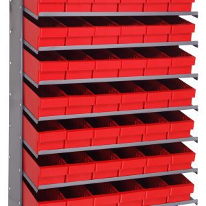 The Pick Rack is a tall, slopped single-sided unit with dimensions of 18D x 36W x 60H. It includes eight shelves and 48 red Qed602 plastic bins. With a galvanized steel frame and 400 lbs capacity, it provides stable organization for small items.