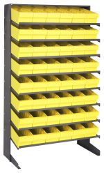 The Pick Rack, a sloped, single-sided shelving unit made of galvanized steel, measures 18D x 36W x 60H with a 400 lbs. capacity. It includes eight shelves and comes with 48 Qed602 yellow bins, providing an efficient storage solution for organizing small items.