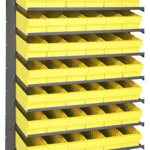 The Pick Rack, a sloped, single-sided shelving unit made of galvanized steel, measures 18D x 36W x 60H with a 400 lbs. capacity. It includes eight shelves and comes with 48 Qed602 yellow bins, providing an efficient storage solution for organizing small items.