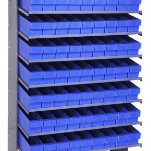 The Pick Rack is a freestanding storage solution measuring 18D x 36W x 60H, with eight sloped, single-sided shelves designed to hold 72 QED604 blue bins. Made of galvanized steel and with a capacity of 400 lbs, it is perfect for organizing small items efficiently.