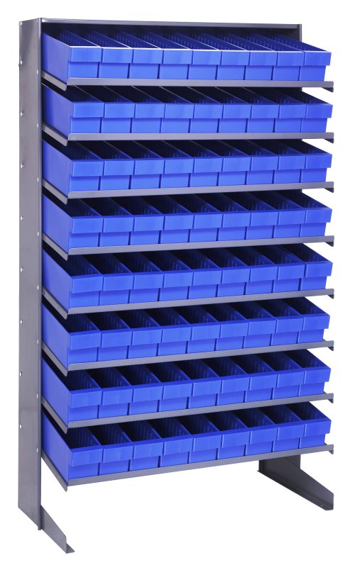 The Pick Rack is a freestanding storage solution measuring 18D x 36W x 60H, with eight sloped, single-sided shelves designed to hold 72 QED604 blue bins. Made of galvanized steel and with a capacity of 400 lbs, it is perfect for organizing small items efficiently.