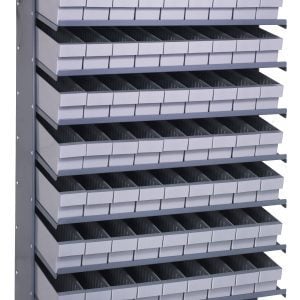 The Pick Rack features a single-sided, sloped design with 8 shelves and holds 72 QED604 gray bins. Measuring 18D x 36W x 60H, it has a capacity of 400 lbs., offering organized storage on two stable legs. Made from galvanized steel for durability.