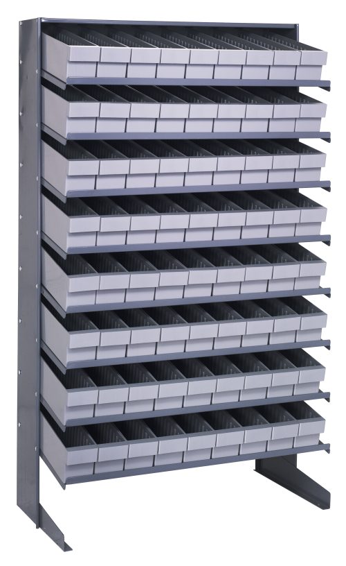 QPRS 18-QED604 Gray The Pick Rack features a single-sided, sloped design with 8 shelves and holds 72 QED604 gray bins. Measuring 18D x 36W x 60H, it has a capacity of 400 lbs., offering organized storage on two stable legs. Made from galvanized steel for durability.