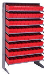 The Pick Rack unit, measuring 18D x 36W x 60H and holding up to 400 lbs, includes eight sloped shelves and 72 QED604 red bins. Made of galvanized steel, its single-sided with a silver frame for efficient small item storage.