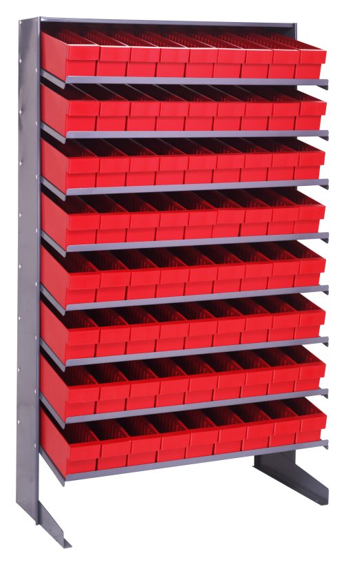 The Pick Rack unit, measuring 18D x 36W x 60H and holding up to 400 lbs, includes eight sloped shelves and 72 QED604 red bins. Made of galvanized steel, its single-sided with a silver frame for efficient small item storage.