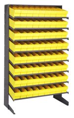 The Pick Rack is a sloped, single-sided shelving unit made of galvanized steel, measuring 18D x 36W x 60H. It includes 8 shelves with 72 QED604 yellow bins and has a capacity of 400 lbs., ideal for organizing small items.
