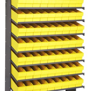 The Pick Rack is a sloped, single-sided shelving unit made of galvanized steel, measuring 18D x 36W x 60H. It includes 8 shelves with 72 QED604 yellow bins and has a capacity of 400 lbs., ideal for organizing small items.
