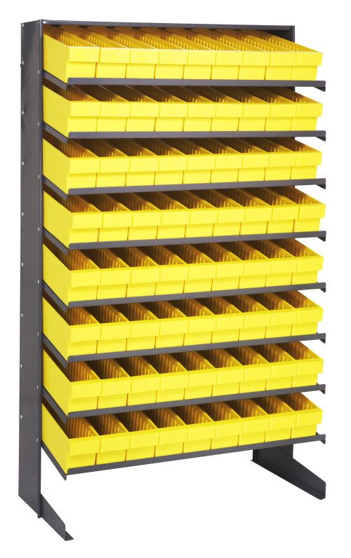 The Pick Rack is a sloped, single-sided shelving unit made of galvanized steel, measuring 18D x 36W x 60H. It includes 8 shelves with 72 QED604 yellow bins and has a capacity of 400 lbs., ideal for organizing small items.