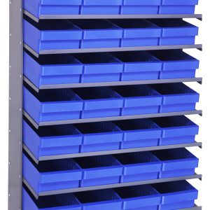 The Pick Rack is a versatile, single-sided metal shelving unit with 8 sloped shelves and 32 QED606 blue bins, perfect for efficiently organizing tools or small parts. It measures 18D x 36W x 60H and has a 400 lbs. capacity, made from galvanized steel.