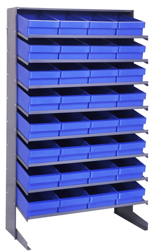 QPRS 18-QED606 Blue 2 The Pick Rack is a versatile, single-sided metal shelving unit with 8 sloped shelves and 32 QED606 blue bins, perfect for efficiently organizing tools or small parts. It measures 18D x 36W x 60H and has a 400 lbs. capacity, made from galvanized steel.