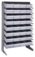 The Pick Rack is a single-sided, sloped shelving unit with eight shelves and 32 QED606 gray bins. It measures 18D x 36W x 60H, has a capacity of 400 lbs., and is made from galvanized steel for an industrial look, perfect for organizing small items in various settings.
