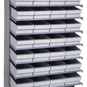 The Pick Rack is a single-sided, sloped shelving unit with eight shelves and 32 QED606 gray bins. It measures 18D x 36W x 60H, has a capacity of 400 lbs., and is made from galvanized steel for an industrial look, perfect for organizing small items in various settings.