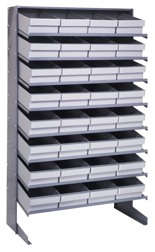 The Pick Rack is a single-sided, sloped shelving unit with eight shelves and 32 QED606 gray bins. It measures 18D x 36W x 60H, has a capacity of 400 lbs., and is made from galvanized steel for an industrial look, perfect for organizing small items in various settings.