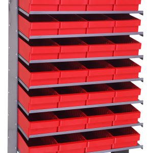 The Pick Rack is a single-sided slopped shelving unit made of galvanized steel, measuring 18D x 36W x 60H. It includes eight shelves with a total of thirty-two red Qed606 open-top bins, ideal for efficiently organizing small items or tools with a 400 lbs capacity.