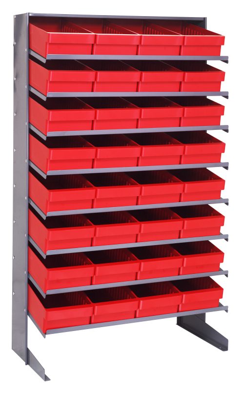 The Pick Rack is a single-sided slopped shelving unit made of galvanized steel, measuring 18D x 36W x 60H. It includes eight shelves with a total of thirty-two red Qed606 open-top bins, ideal for efficiently organizing small items or tools with a 400 lbs capacity.