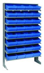 The Pick Rack is a sloped, single-sided shelving unit with a 400 lbs. capacity, featuring 8 shelves and 32 QED701 blue bins. Made of galvanized steel, it measures 12D x 36W x 63-1/2H, ideal for organizing small items in your workshop or garage with easy top access.