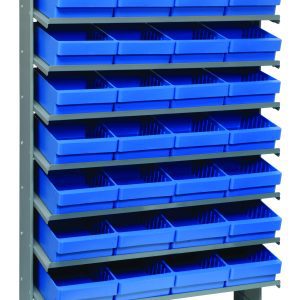The Pick Rack is a sloped, single-sided shelving unit with a 400 lbs. capacity, featuring 8 shelves and 32 QED701 blue bins. Made of galvanized steel, it measures 12D x 36W x 63-1/2H, ideal for organizing small items in your workshop or garage with easy top access.