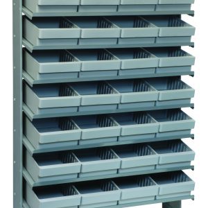 The Pick Rack is a durable, single-sided organizer made of galvanized steel, measuring 12D x 36W x 63-1/2H. It features eight shelves with 32 QED701 gray bins and can hold up to 400 lbs, ideal for efficient small item storage.