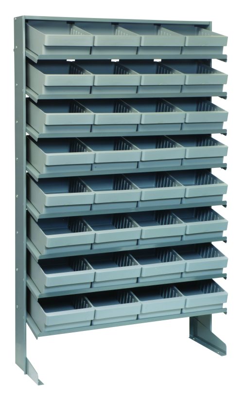 The Pick Rack is a durable, single-sided organizer made of galvanized steel, measuring 12D x 36W x 63-1/2H. It features eight shelves with 32 QED701 gray bins and can hold up to 400 lbs, ideal for efficient small item storage.