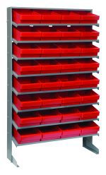The Pick Rack is a sloped, single-sided storage solution with 8 shelves, each supporting QED701 red bins. With 32 bins total and a 400 lbs. capacity, it measures 12D x 36W x 63-1/2H and is crafted from galvanized steel, standing on metal legs for stability—ideal for organizing small parts or tools.