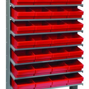 The Pick Rack is a sloped, single-sided storage solution with 8 shelves, each supporting QED701 red bins. With 32 bins total and a 400 lbs. capacity, it measures 12D x 36W x 63-1/2H and is crafted from galvanized steel, standing on metal legs for stability—ideal for organizing small parts or tools.