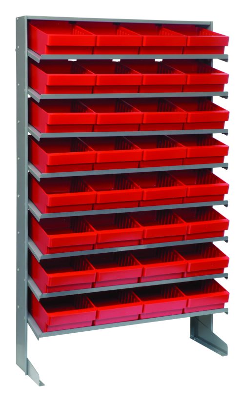 QPRS-701_RD.jpg The Pick Rack is a sloped, single-sided storage solution with 8 shelves, each supporting QED701 red bins. With 32 bins total and a 400 lbs. capacity, it measures 12D x 36W x 63-1/2H and is crafted from galvanized steel, standing on metal legs for stability—ideal for organizing small parts or tools.