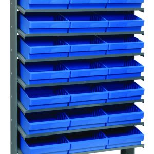 The Pick Rack, made of galvanized steel, measures 12D x 36W x 63-1/2H with a capacity of 400 lbs. It has eight sloped shelves and comes with 24 QED801 blue bins, arranged three per row for enhanced convenience and style against a clean white backdrop.