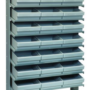 A gray, single-sided Pick Rack with 8 sloped shelves, each holding 3 open-top QED801 gray bins for easy access. Made from galvanized steel, it measures 12D x 36W x 63-1/2H and has a sturdy capacity of 400 lbs. Ideal for organizing small items.