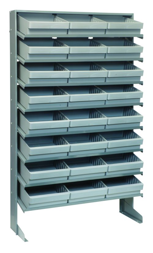 QPRS-801_GY.jpg A gray, single-sided Pick Rack with 8 sloped shelves, each holding 3 open-top QED801 gray bins for easy access. Made from galvanized steel, it measures 12D x 36W x 63-1/2H and has a sturdy capacity of 400 lbs. Ideal for organizing small items.