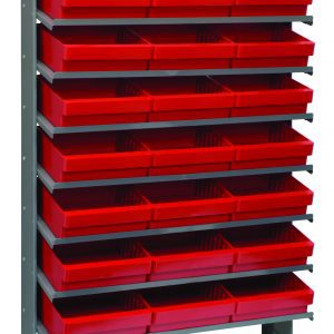 The freestanding Pick Rack features a 400 lbs. capacity, measuring 12D x 36W x 63-1/2H. It is single-sided, slopped, with eight evenly spaced shelves and includes 24 uniform-sized QED801 red bins for efficient small-item organization. Constructed from galvanized steel.