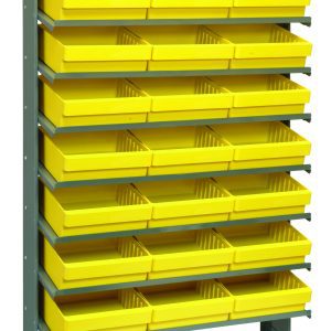 This Pick Rack is a single-sided, freestanding shelving unit with 8 sloped shelves that hold 24 QED801 yellow bins. Measuring 12D x 36W x 63.5H, it features a durable gray galvanized steel frame for stylish and functional storage with a capacity of 400 lbs.