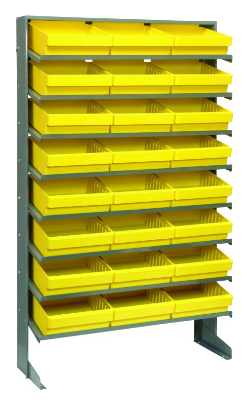 This Pick Rack is a single-sided, freestanding shelving unit with 8 sloped shelves that hold 24 QED801 yellow bins. Measuring 12D x 36W x 63.5H, it features a durable gray galvanized steel frame for stylish and functional storage with a capacity of 400 lbs.