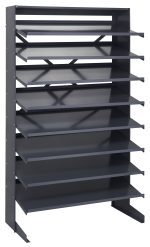 This single-sided pick rack features eight steel shelves, a slope design for efficient organizing, and open sides. With dimensions of 18D x 36W x 60H, its sturdy industrial structure holds up to 400 lbs., making it perfect for optimizing space with its minimalist look.