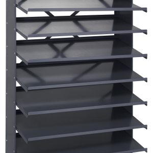 This single-sided pick rack features eight steel shelves, a slope design for efficient organizing, and open sides. With dimensions of 18D x 36W x 60H, its sturdy industrial structure holds up to 400 lbs., making it perfect for optimizing space with its minimalist look.
