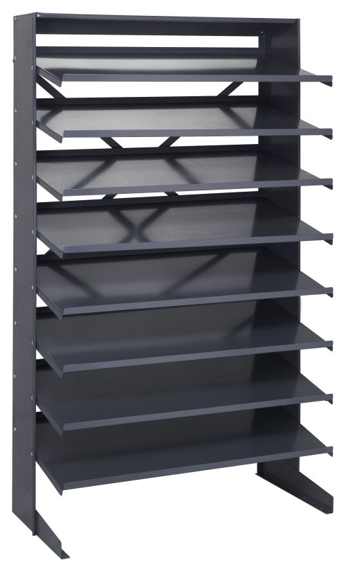 This single-sided pick rack features eight steel shelves, a slope design for efficient organizing, and open sides. With dimensions of 18D x 36W x 60H, its sturdy industrial structure holds up to 400 lbs., making it perfect for optimizing space with its minimalist look.