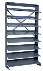 The tall, single-sided gray Pick Rack is 18D X 36W X 63-1/2H with a 400 lb. capacity. Crafted from steel, it features multiple sloped shelves and back cross-bracing. It includes eight evenly spaced shelves to hold items securely (bins not included).