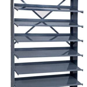 The tall, single-sided gray Pick Rack is 18D X 36W X 63-1/2H with a 400 lb. capacity. Crafted from steel, it features multiple sloped shelves and back cross-bracing. It includes eight evenly spaced shelves to hold items securely (bins not included).