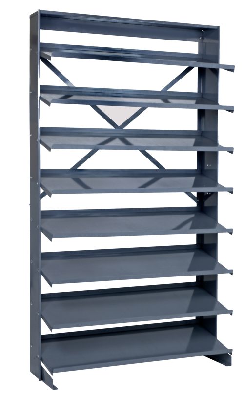 The tall, single-sided gray Pick Rack is 18D X 36W X 63-1/2H with a 400 lb. capacity. Crafted from steel, it features multiple sloped shelves and back cross-bracing. It includes eight evenly spaced shelves to hold items securely (bins not included).