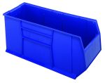 The Rackbin 42 Container is a blue, high-density polypropylene storage bin measuring 47-7/8L x 16-1/2W x 17-1/2H with a capacity of 180 lbs. It features an open front and solid sides, with Quantum on the side, and includes an 8-hole 1/4 drill pattern for drainage and air circulation if needed. Made in USA.