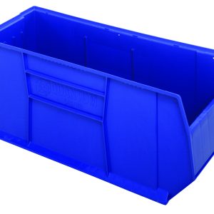 The Rackbin 42 Container is a blue, high-density polypropylene storage bin measuring 47-7/8L x 16-1/2W x 17-1/2H with a capacity of 180 lbs. It features an open front and solid sides, with Quantum on the side, and includes an 8-hole 1/4 drill pattern for drainage and air circulation if needed. Made in USA.