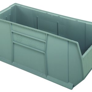 The large gray Rackbin 42 container, made in the USA from high-density polypropylene, features ribbed sides and measures 47-7/8L x 16-1/2W x 17-1/2H. With an open top and a drill hole pattern for drainage and air circulation, it efficiently organizes or stores items up to 180 lbs.