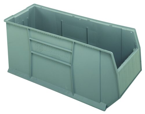 The large gray Rackbin 42 container, made in the USA from high-density polypropylene, features ribbed sides and measures 47-7/8L x 16-1/2W x 17-1/2H. With an open top and a drill hole pattern for drainage and air circulation, it efficiently organizes or stores items up to 180 lbs.