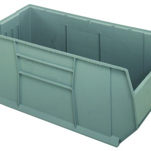 The RackBin 42 Container, measuring 47-7/8L x 19-7/8W x 17-1/2H, is a large gray, open-top storage bin made in the USA from high-density polypropylene. It has thick vertical ridges and supports easy drainage with (8) 1/4 drill holes on the bottom for ventilation if needed.