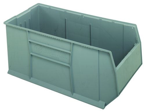The RackBin 42 Container, measuring 47-7/8L x 19-7/8W x 17-1/2H, is a large gray, open-top storage bin made in the USA from high-density polypropylene. It has thick vertical ridges and supports easy drainage with (8) 1/4 drill holes on the bottom for ventilation if needed.