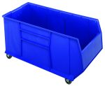The blue Rackbin 42 mobile container, made in the USA from high-density polypropylene, has dimensions of 47-7/8L x 19-7/8W x 20-1/2H. Featuring wheels and an open front for easy access, it holds up to 180 lbs and includes an optional drill hole pattern for drainage and air circulation.