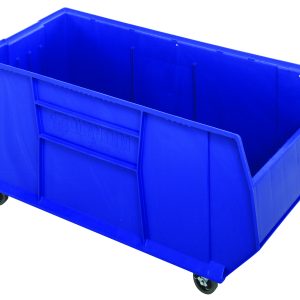 The blue Rackbin 42 mobile container, made in the USA from high-density polypropylene, has dimensions of 47-7/8L x 19-7/8W x 20-1/2H. Featuring wheels and an open front for easy access, it holds up to 180 lbs and includes an optional drill hole pattern for drainage and air circulation.