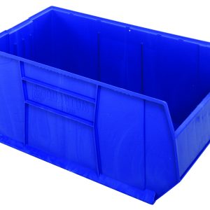 The large blue Rackbin 42 container, made of durable high-density polypropylene, features reinforced edges and an open top. This rectangular bin (47-7/8L x 23-7/8W x 17-1/2H) can hold up to 180 lbs, with an 8-hole pattern on the bottom for optional drainage and air circulation. Made in the USA.
