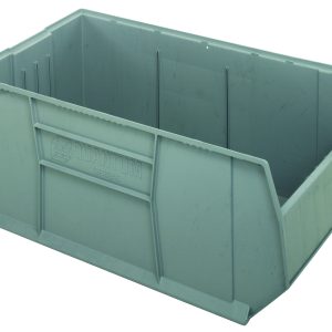 The Rackbin 42 Container is a large, open-top gray bin made of high-density polypropylene, boasting reinforced sides and a tapered shape. It measures 47-7/8L x 23-7/8W x 17-1/2H with an impressive 180 lbs. capacity. QUANTUM is embossed on one side, featuring grooves and an (8) 1/4 drill hole pattern for drainage.