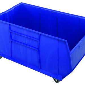 The Rackbin 42 Container is a large, blue, high-density polypropylene storage bin with dimensions of 47-7/8L x 23-7/8W x 20-1/2H and a capacity of 180 lbs. It has four casters for mobility and features (8) drill holes for drainage and air circulation if needed, made in the USA.
