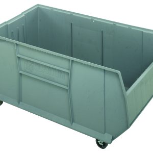 The Rackbin 42 Container is a gray, high-density polypropylene storage bin with casters and a scooped front design. Measuring 47-7/8L x 23-7/8W x 20-1/2H with a hefty 180 lbs. capacity, it features an (8) 1/4 drill pattern for drainage and air circulation, offering versatile organization. Made in the USA.